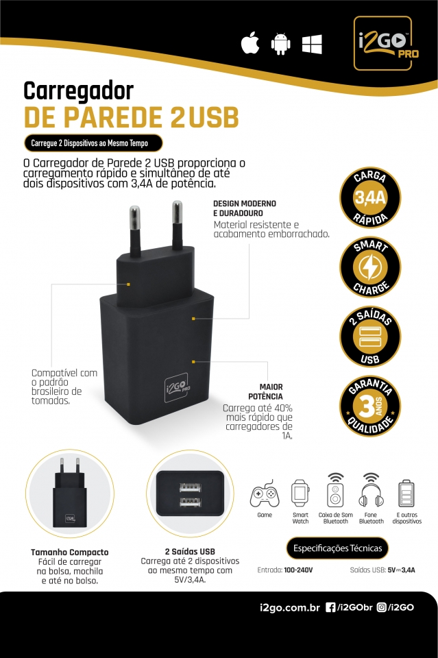 CARREGADOR DE PAREDE 2 SAÍDAS USB I2GO